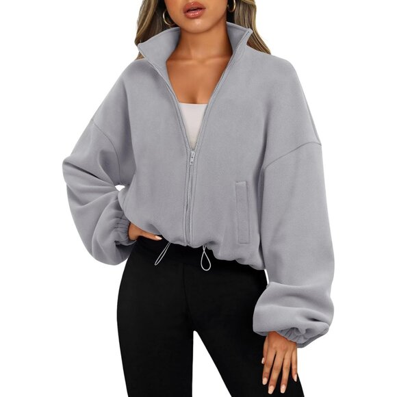 〽️Womens Grey AUTOMET Oversized Fleece Zip Up Sherpa Sweatshirt Fashion Jacket